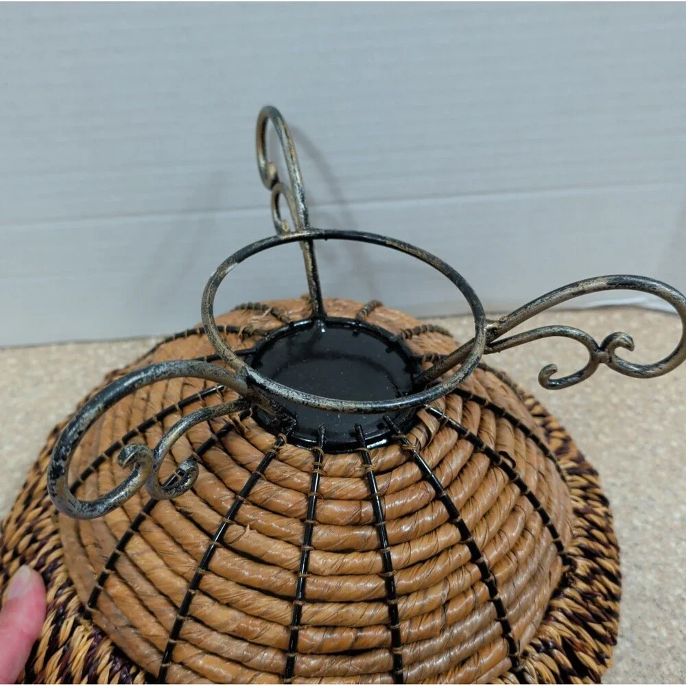Wicker Woven Metal Pedestal Fruit Bowl Planter Storage Display Boho Large 12”